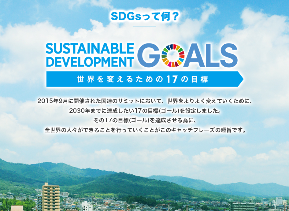 2015年9月に開催された国連のサミットにおいて、世界をよりよく変えていくために、2030年までに達成したい17の目標(ゴール)を設定しました。その17の目標(ゴール)を達成させる為に、全世界の人々ができることを行っていくことがこのキャッチフレーズの趣旨です。