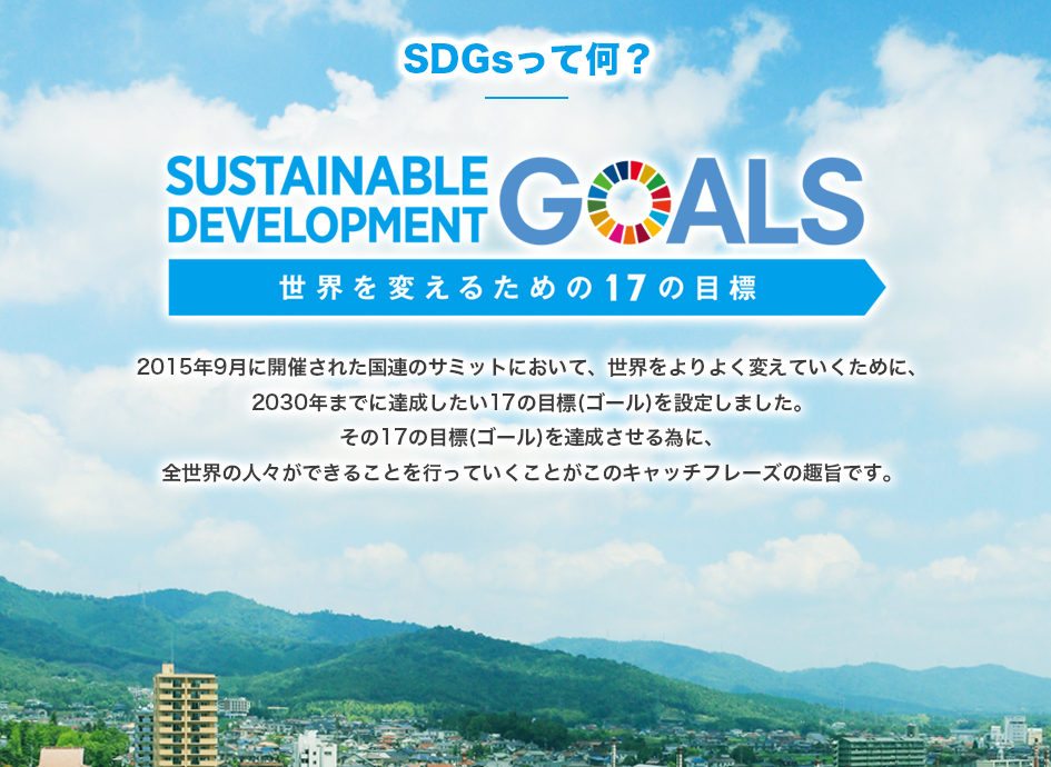 2015年9月に開催された国連のサミットにおいて、世界をよりよく変えていくために、2030年までに達成したい17の目標(ゴール)を設定しました。その17の目標(ゴール)を達成させる為に、全世界の人々ができることを行っていくことがこのキャッチフレーズの趣旨です。